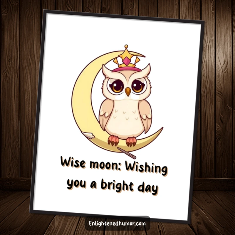 Funny Free Printable wall art: a wise celestial owl with twinkling eyes perches serenely on a crescent moon against a starry night.
