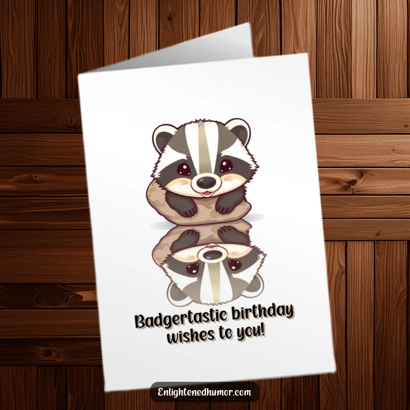 Funny Free Printable Badger Birthday Card: A happy badger admires its reflection with a beaming smile on a polished stone.