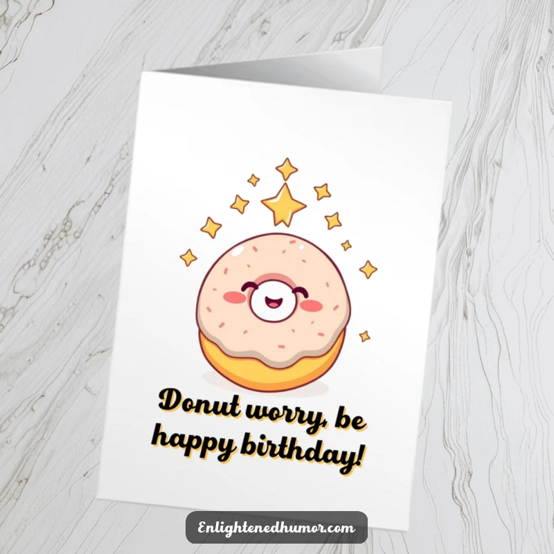 Funny Free Printable birthday card with a giggling donut floating among stars, reaching enlightenment, perfect for a hilarious celebration.