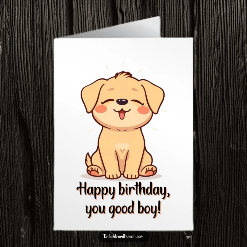 Funny Free Printable Birthday Card: Happy dog sitting peacefully with eyes closed, radiating a gentle light.