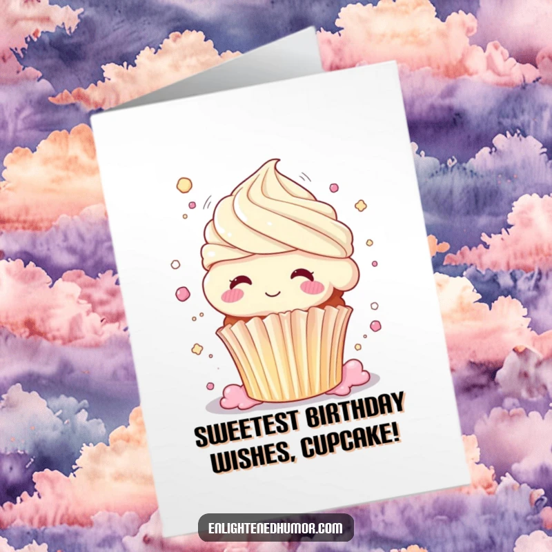 Funny Free Printable birthday card, a shimmering cupcake dissolving into pure bliss, perfect for a joyful and sweet celebration.