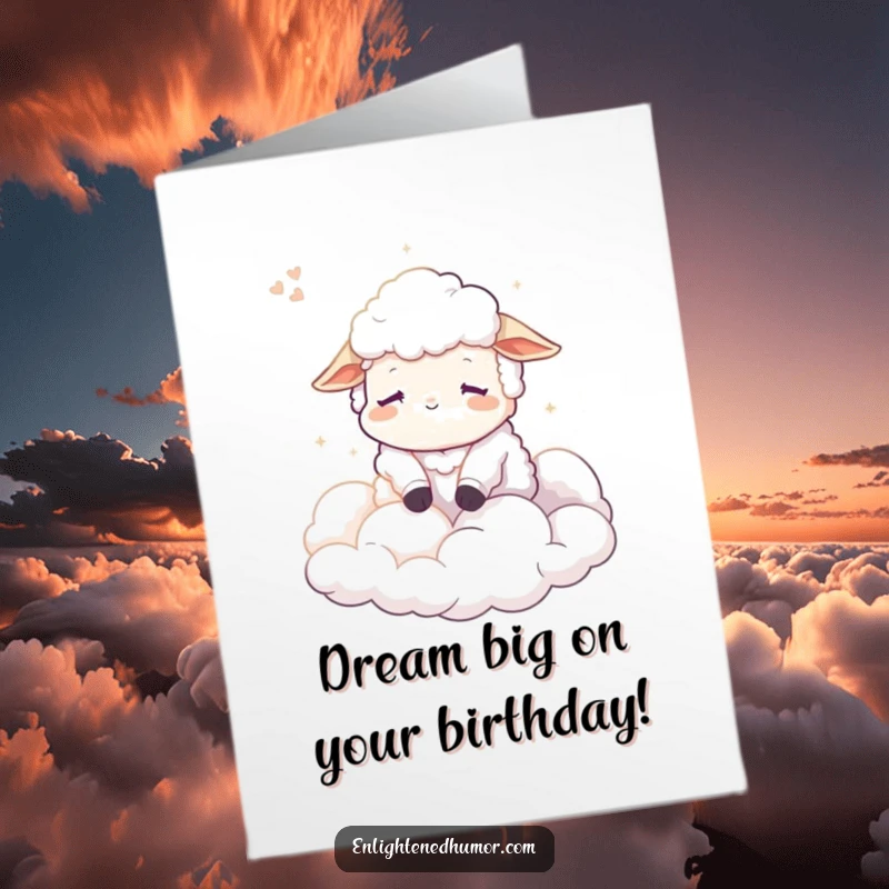 Free Printable Birthday Card: Calm sheep character peacefully dreaming of fluffy clouds in soft, ethereal light.