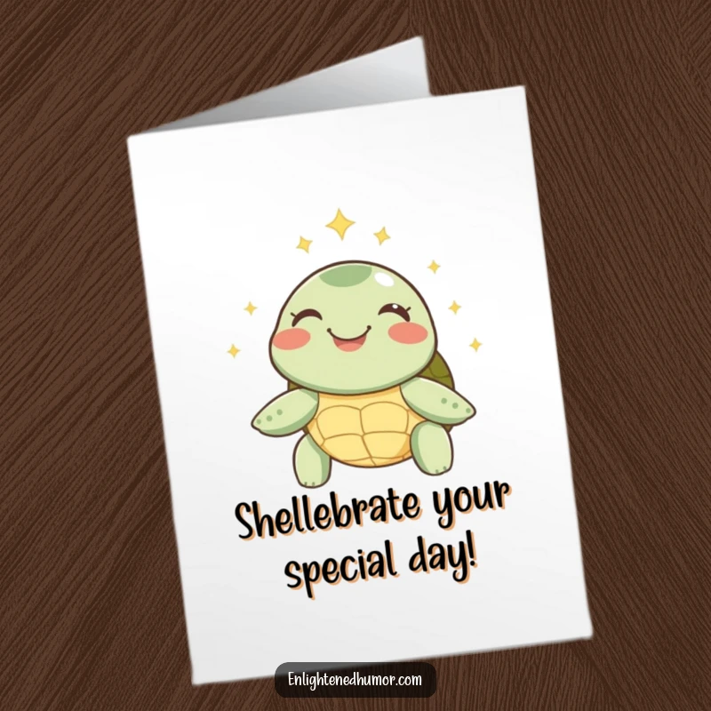 Funny Free Printable Birthday Card: A joyful turtle radiates peace with a halo of soft, glowing sparks around its head.