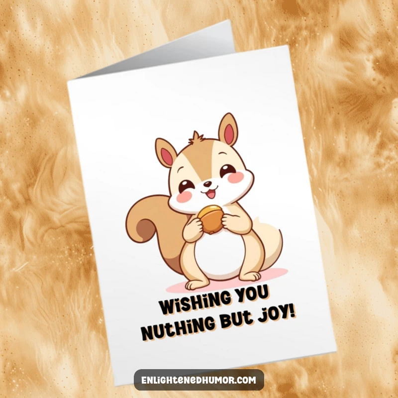Funny Free Printable Birthday Card: Happy kawaii squirrel offers a nut to a glowing spiritual symbol.