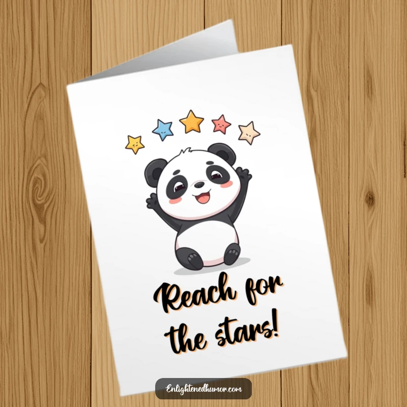 Funny Free Printable Birthday Card of a playful panda grinning while reaching for stars, a whimsical downloadable greeting.