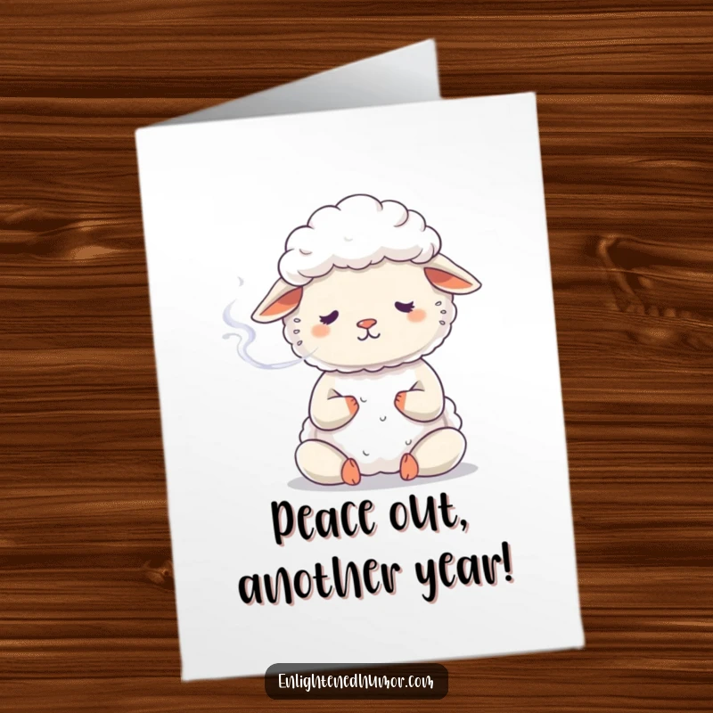 Funny Free Printable Zen Sheep Birthday Card, sheep meditating calmly exhaling smoke, perfect DIY humorous gift.