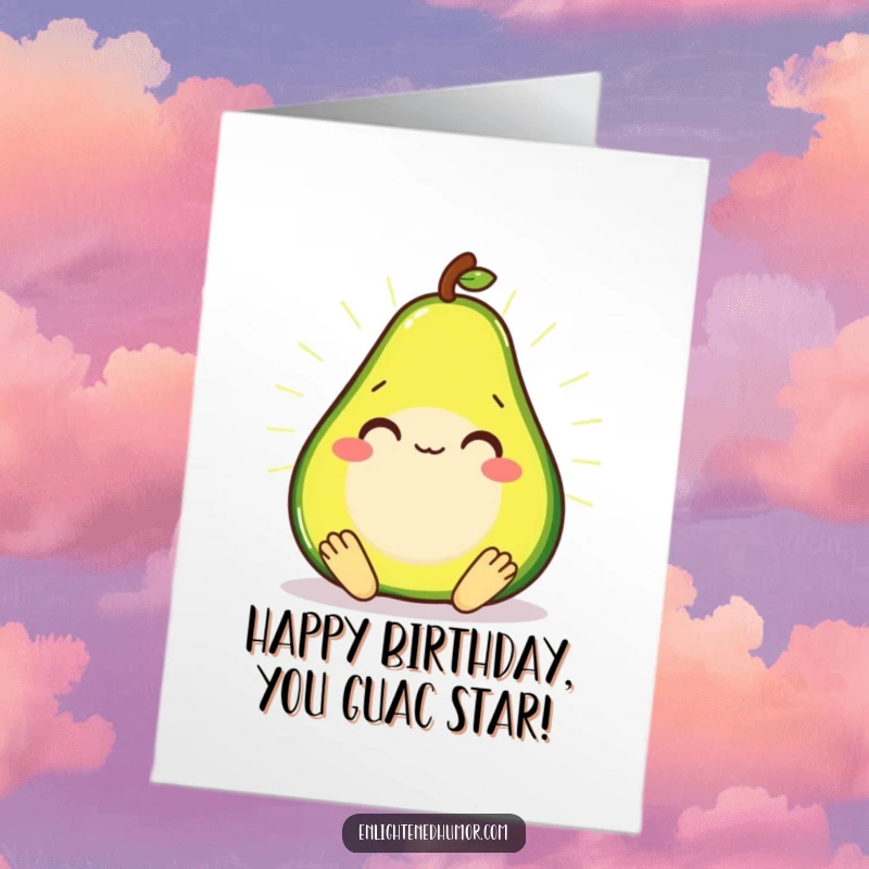 Funny Free Printable Avocado Birthday Card: Smiling avocado in meditation, radiating calm and birthday cheer, a downloadable gift.