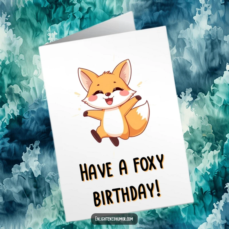 Funny Free Printable Birthday Card: A playful fox with a wide smile leaps joyfully through a shimmering curtain of light.