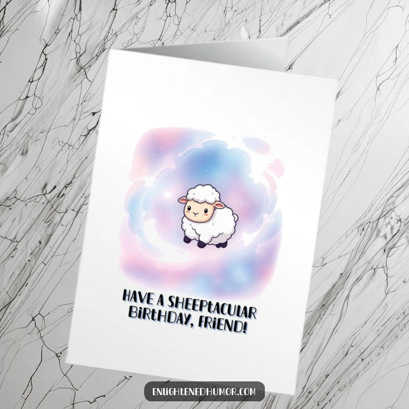 Funny Free Printable Sheep Birthday Card: A tranquil sheep peacefully floating among colorful, swirling cosmic nebulae.