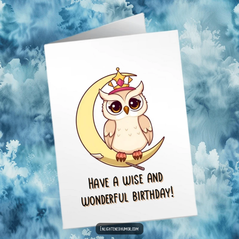 Funny Free Printable birthday card: a wise celestial owl with twinkling eyes sits on a crescent moon, observing the night sky.