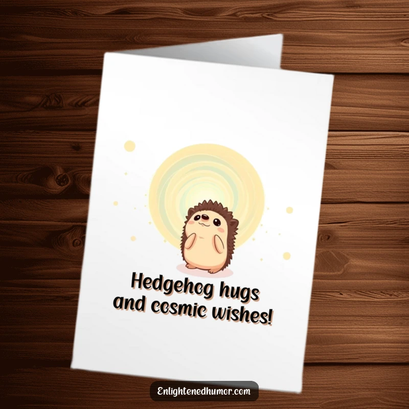 Funny Free Printable Birthday Card: Curious hedgehog mesmerized by a swirling, colorful cosmic energy vortex, ready for a stellar celebration.