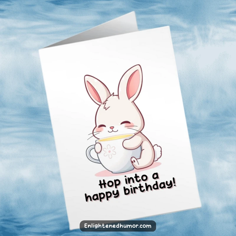 Funny Free Printable Birthday Card: Contented bunny sipping from a glowing cup, radiating warmth.