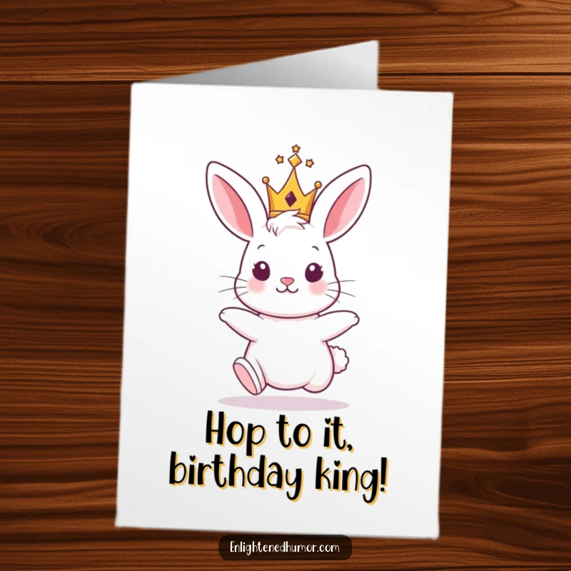 Funny Free Printable Royal Bunny Birthday Card, a hopping bunny wearing a tiny shining crown, humorous royal birthday greeting.