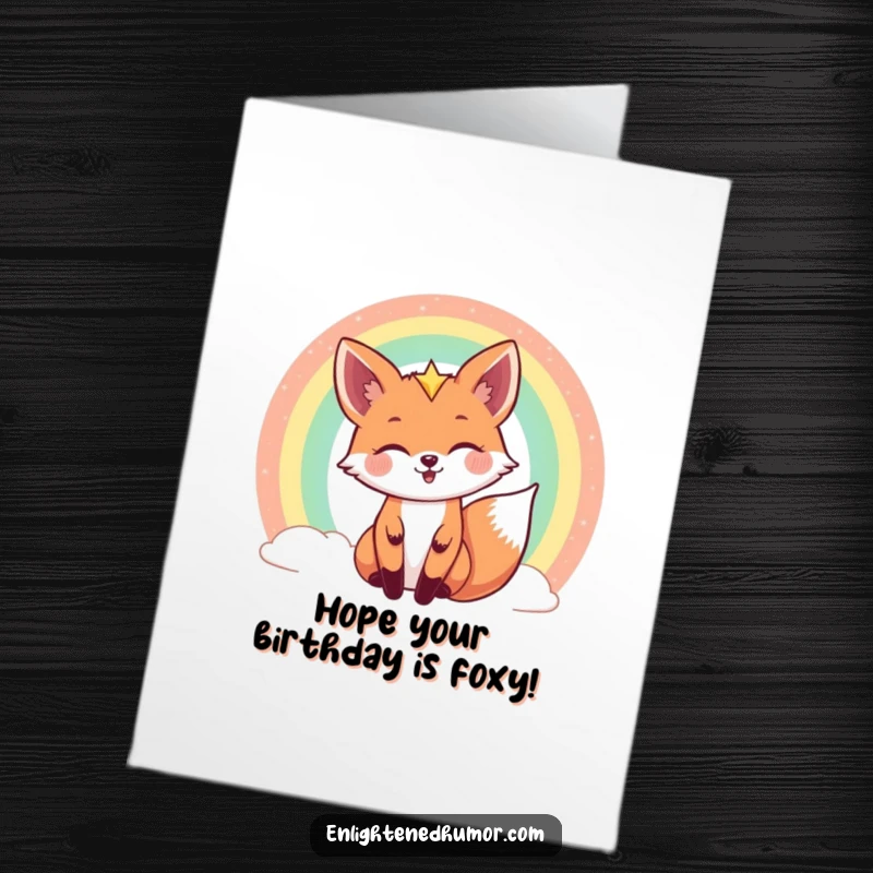 Funny Free Printable birthday card: A joyful celestial fox with a mischievous grin peeks from behind a vibrant, shimmering rainbow, wishing happy birthday.