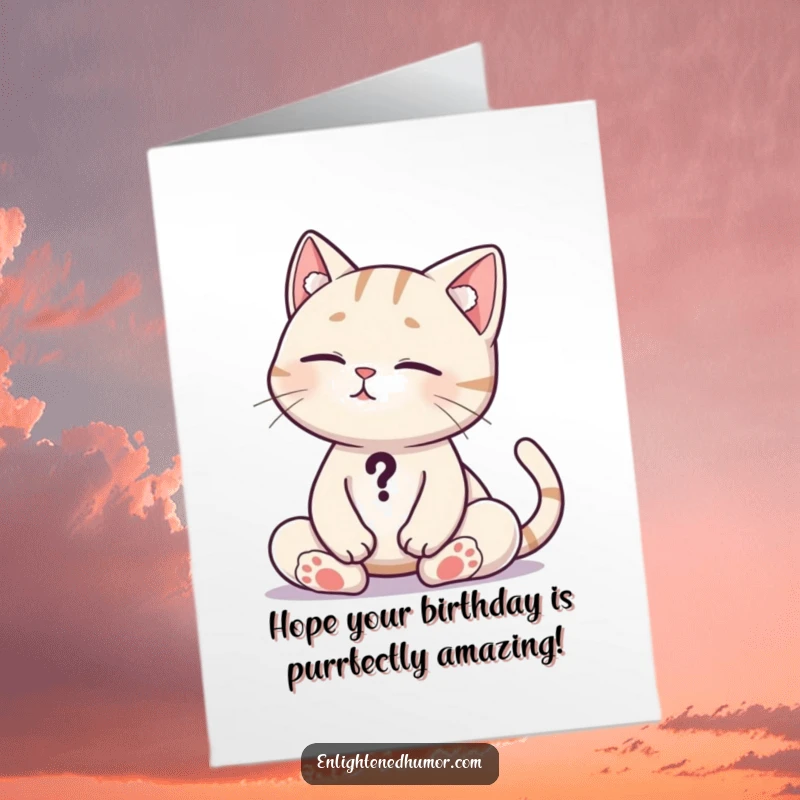 Funny Free Printable Birthday Card: A curious cat sits in meditation pose, tail curled like a question mark.
