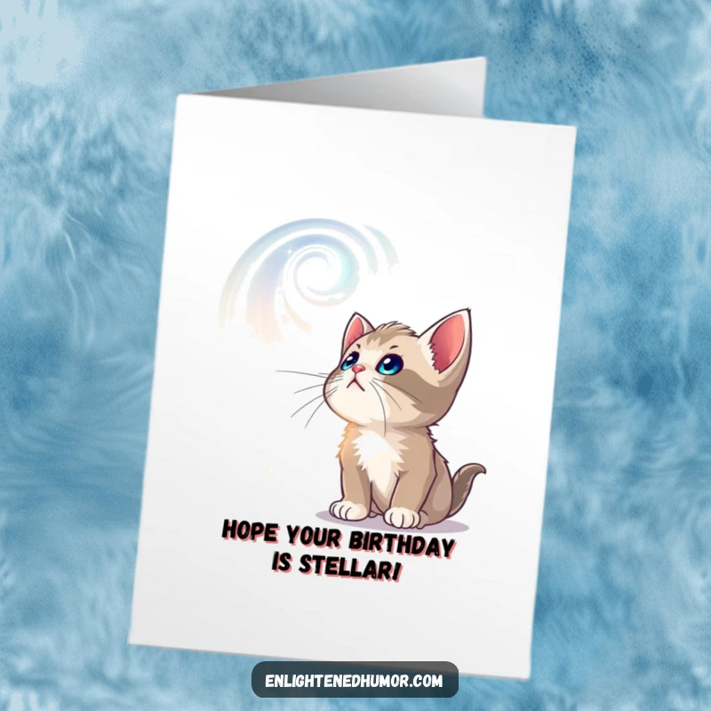 Funny Free Printable Birthday Card: Curious kitten looking up at dazzling, swirling celestial patterns.