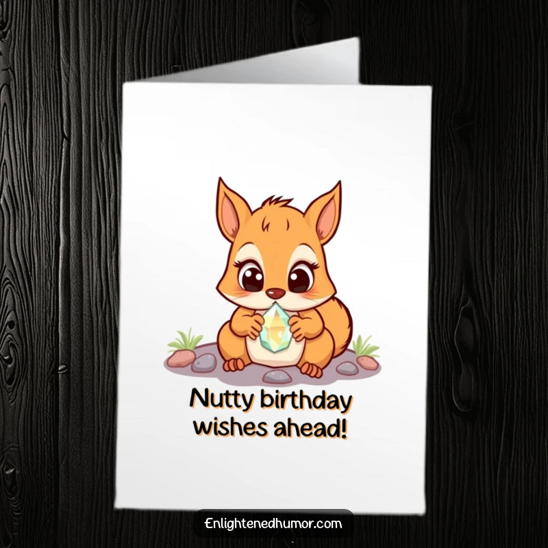 Funny Free Printable Birthday Card: A squirrel with wide eyes of wonder discovers a small, magically glowing crystal.