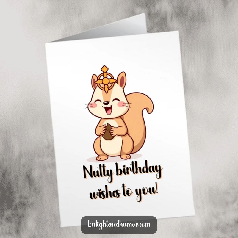Funny Free Printable birthday card: a happy kawaii squirrel offers a nut to a floating spiritual symbol, spreading good vibes.