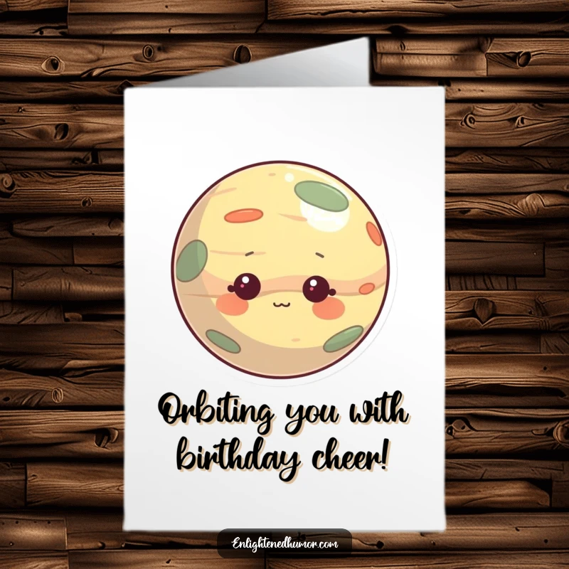 Funny Free Printable Planet Birthday Card: Curious character peeking with a gentle smile, perfect for a downloadable gift.
