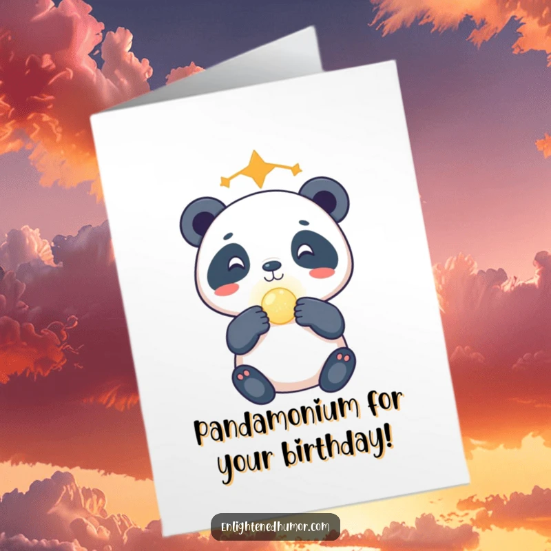 Funny Free Printable birthday card: A gleeful celestial panda hilariously balances a tiny glowing orb on its nose, ready for wishes.