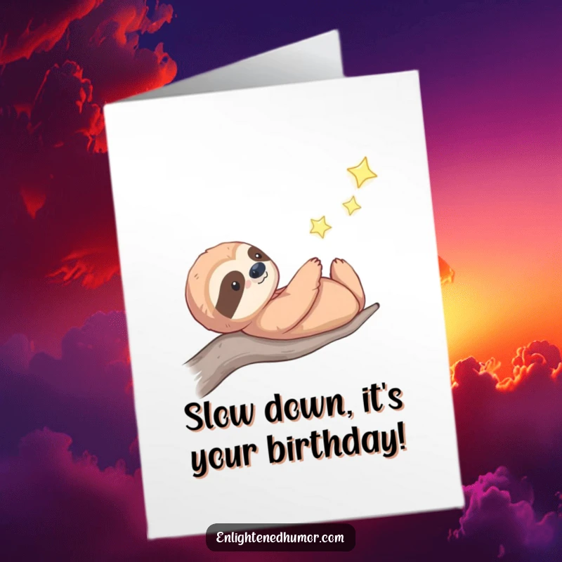 Funny Free Printable birthday card: A thoughtful celestial sloth peacefully gazes at a distant, twinkling star, contemplating birthday wishes with a gentle smile.