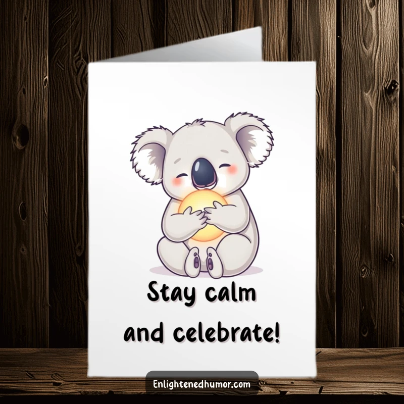Funny Free Printable Birthday Card of a serene koala embracing a radiant orb, a calming and humorous downloadable greeting.