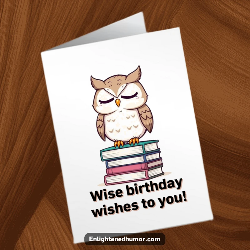 Free Printable wise owl on books, eyes closed in thought, perfect for a birthday card.