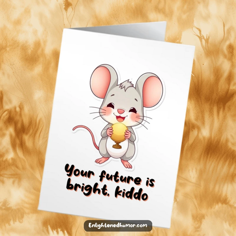 Funny free printable birthday card featuring a cheerful mouse holding a glowing orb, radiating happiness for your celebration.