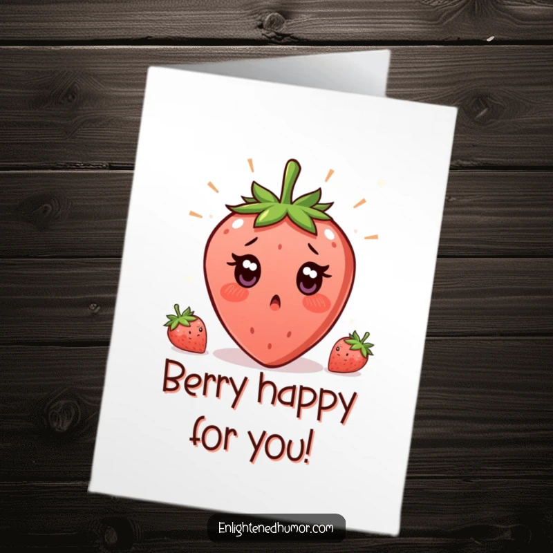 Funny Free Printable Congratulations Card: A wide-eyed strawberry experiencing sudden enlightenment, celebrating your amazing achievement with surprise.