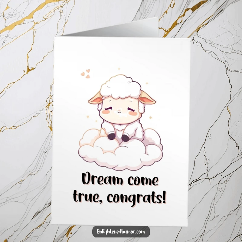 Free Printable Congratulations Card: Calm sheep character dreams sweetly of fluffy clouds under a gentle light.