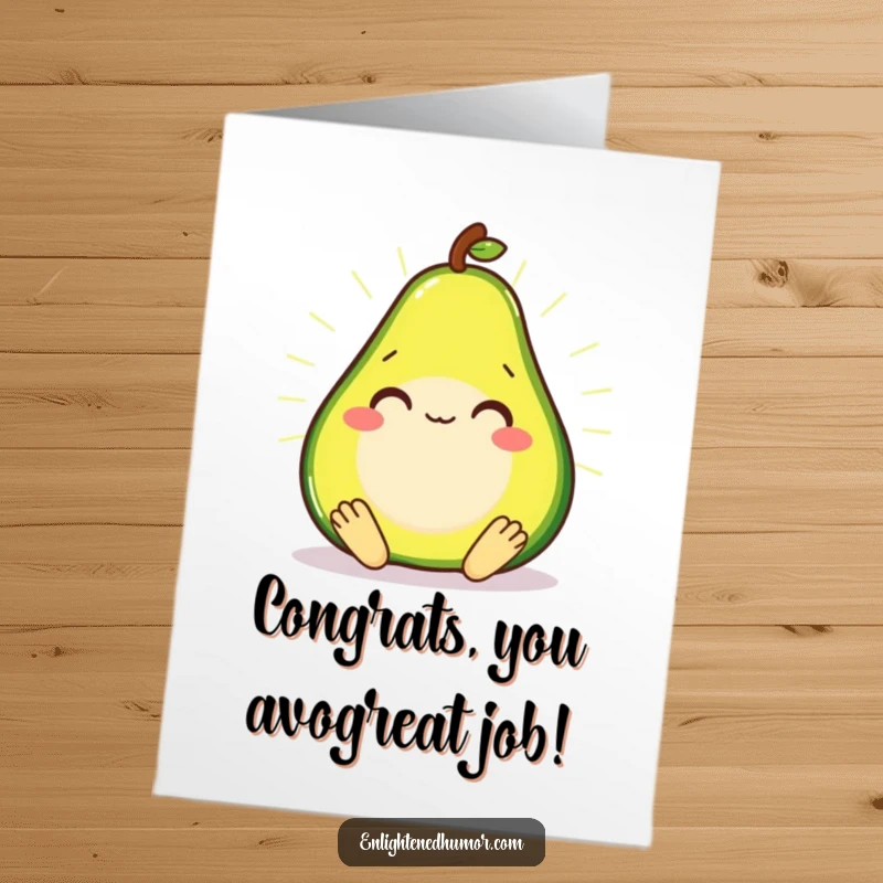 Funny Free Printable Avocado Zen Congrats Card: Smiling avocado meditating, radiating success and good vibes, a downloadable gift.