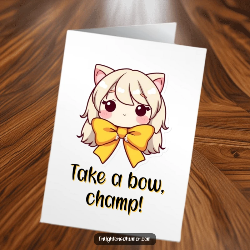 Funny Free Printable Bow Congratulations Card: Humble bow character in a celebratory pose, perfect for a downloadable gift.