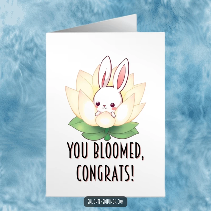 Free printable congratulations card with a curious bunny peeking behind a luminous lotus flower, symbolizing new beginnings.