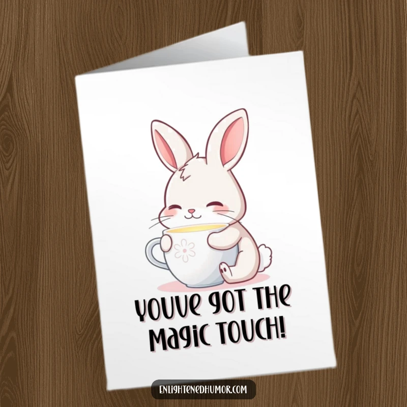 Funny Free Printable Congrats Card: Contented bunny enjoying a warm, glowing drink to celebrate.