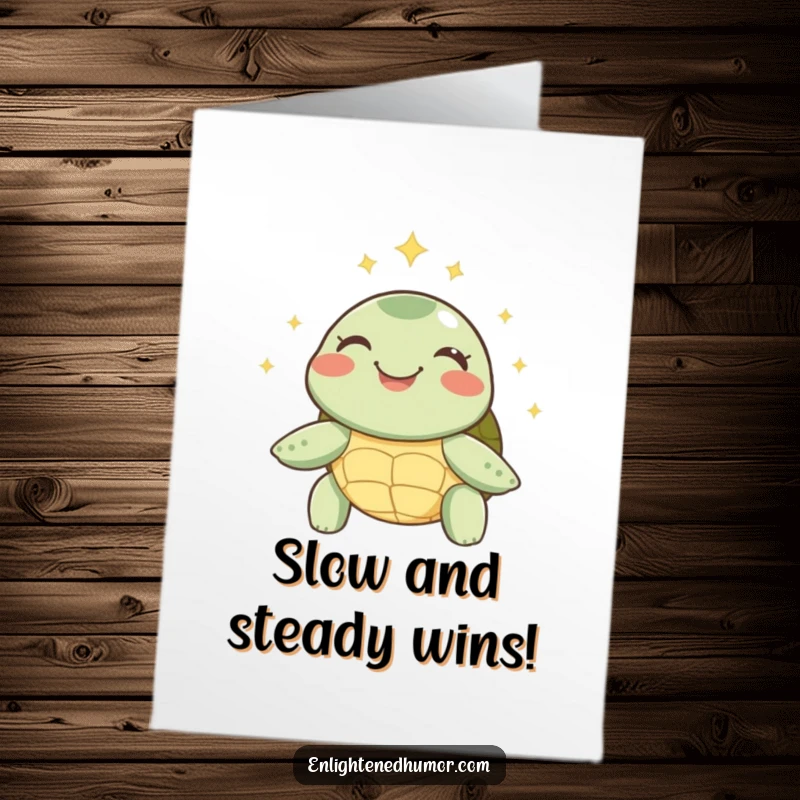 Funny Free Printable Congratulations Card: A joyful turtle beaming with inner peace, surrounded by a halo of soft sparks.