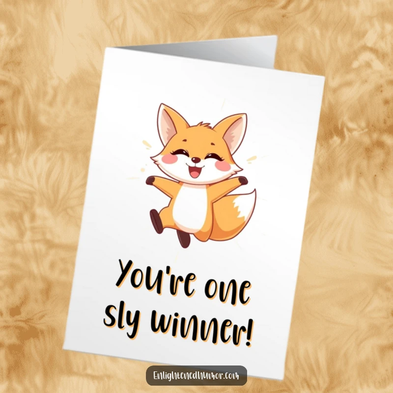 Funny Free Printable Congratulations Card: A smiling fox playfully leaps through a dazzling, shimmering curtain of light.