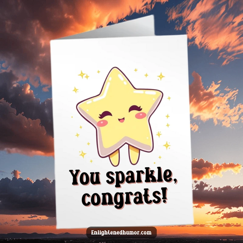 Funny Free Printable Congratulations Card with a winking star character turning into sparkling dust, celebrating success.