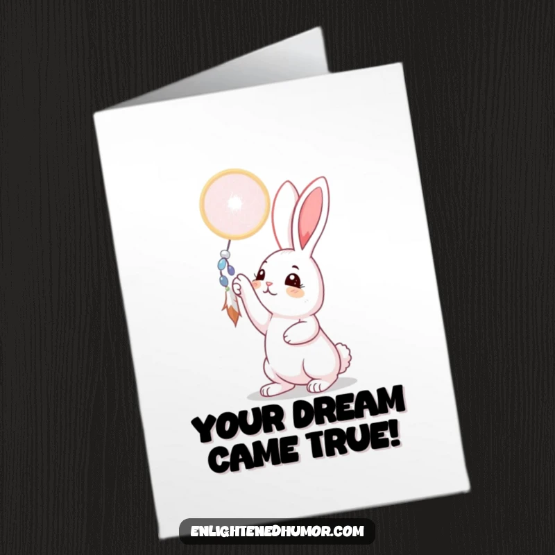 Funny Free Printable congratulations card with a curious rabbit reaching for a dreamcatcher, ideal for a unique celebratory message.