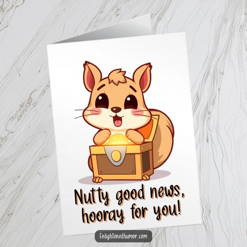 Funny free printable congratulations card, a surprised squirrel finding a glowing treasure chest, symbolizing remarkable success and joy.