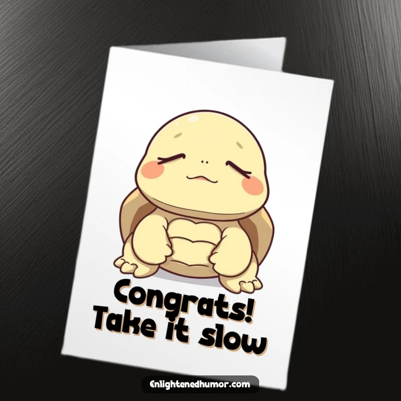 Funny Free Printable Congratulations Card showing a tortoise in deep meditation, eyes closed, embodying peaceful success and quiet joy.