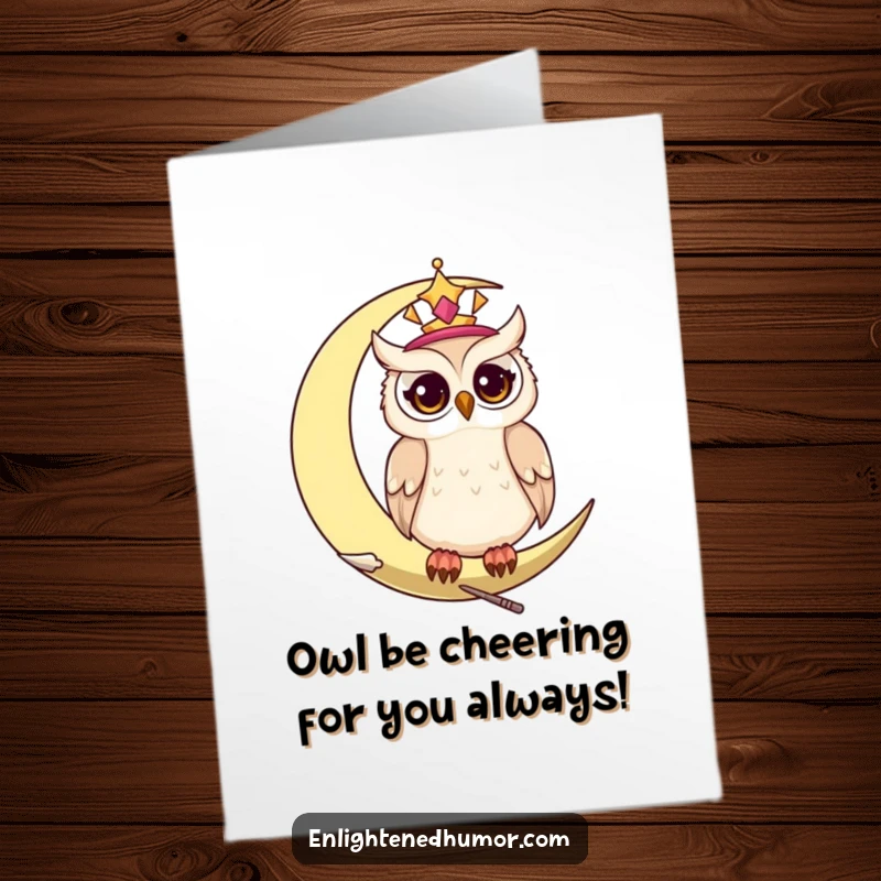 Funny Free Printable congratulations card: a wise celestial owl with sparkling eyes rests on a moon, signifying thoughtful celebration.