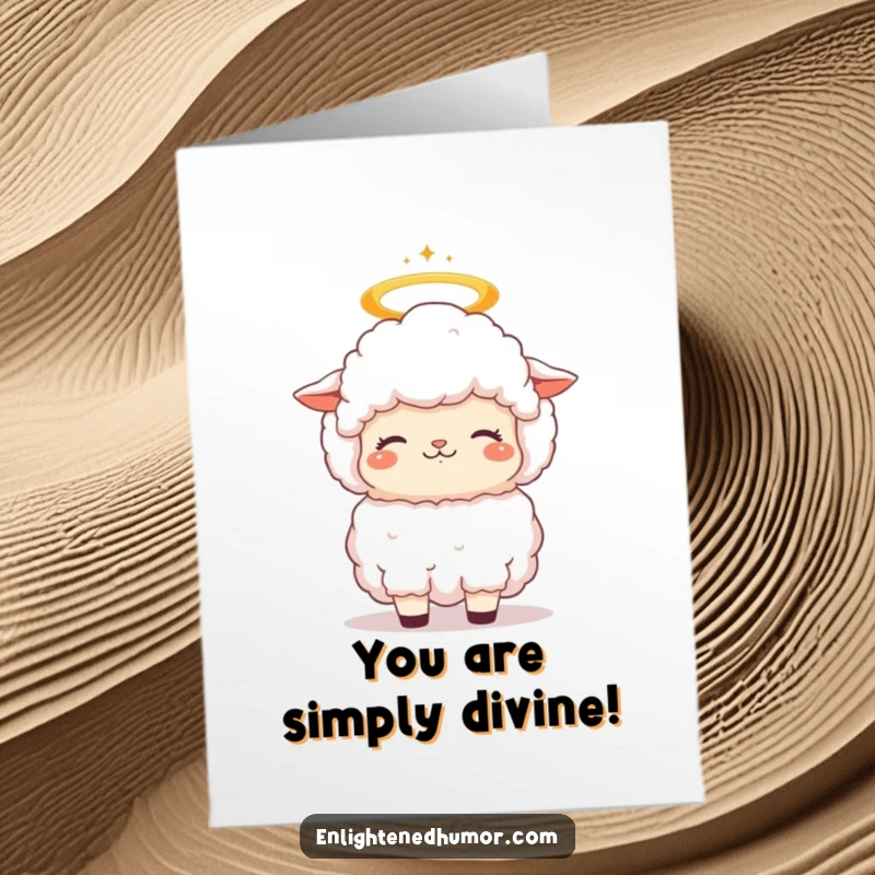 Funny Free Printable Congratulations Card: A fluffy kawaii sheep with a halo bobs its head in blissful contemplation, congratulating them.