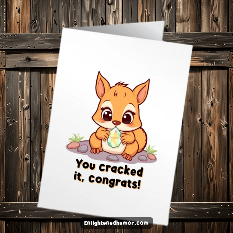 Funny Free Printable Congratulations Card: A squirrel looks surprised, eyes wide with wonder at a small, glowing crystal.