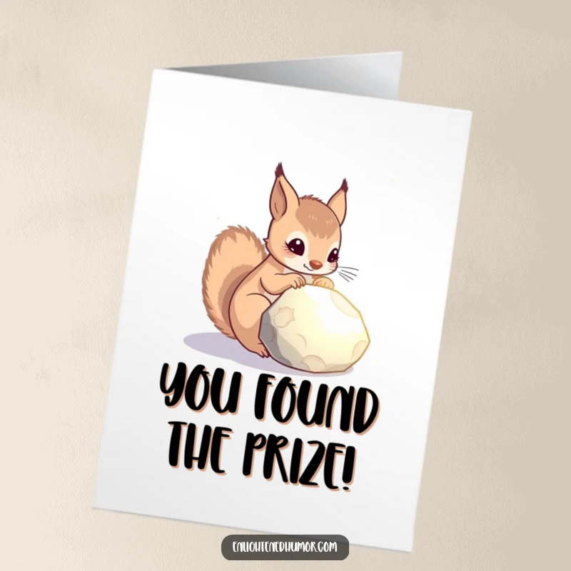 Funny Free Printable Congrats Card: Curious celestial squirrel contemplating a glowing stone, celebrating your magical new chapter.