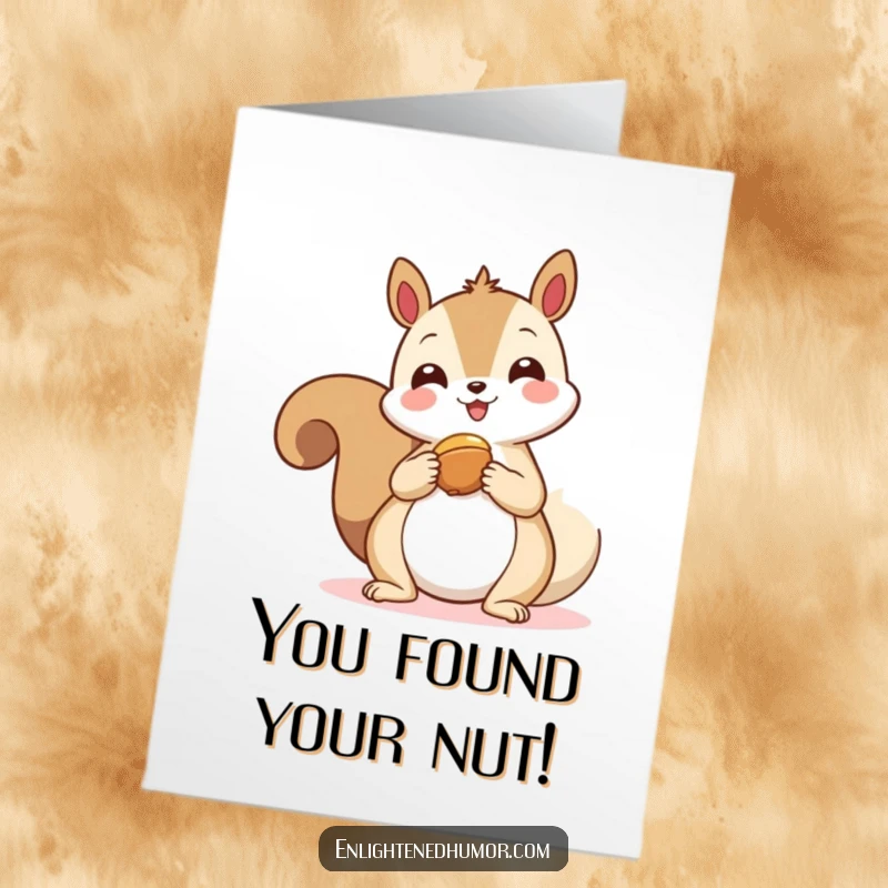 Funny Free Printable Congrats Card: Cheerful kawaii squirrel offers a nut to a floating spiritual symbol.