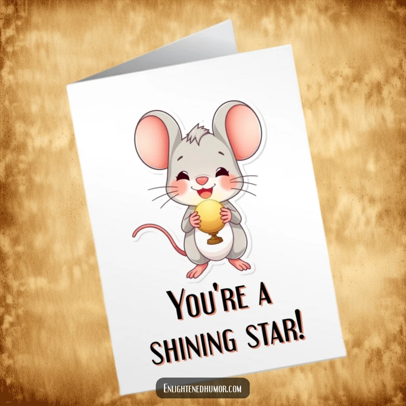 Funny free printable congratulations card with a happy mouse holding a bright orb, celebrating a special achievement.