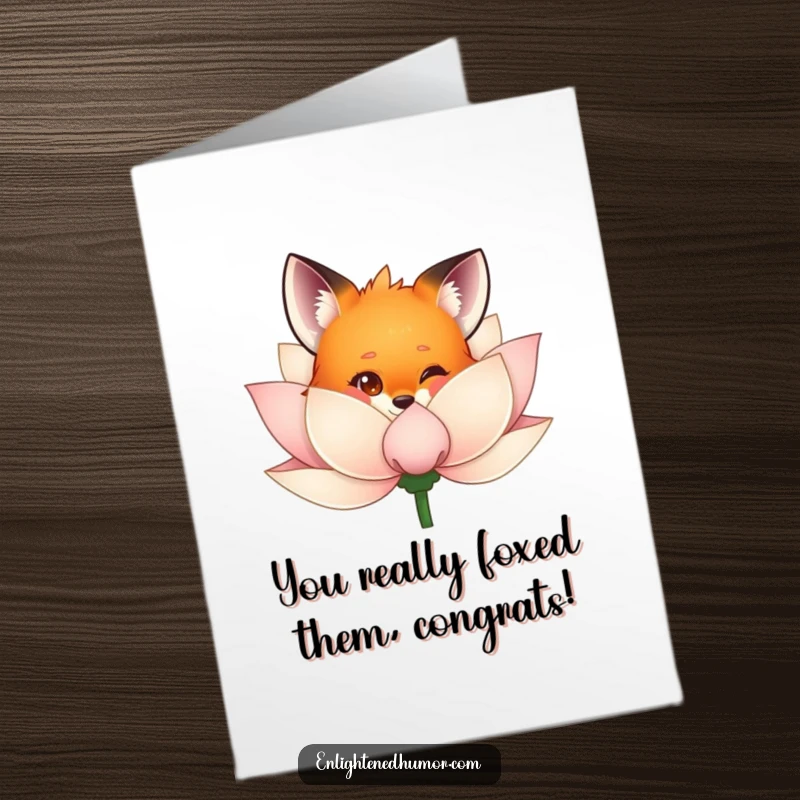 Funny free printable congratulations card, a curious fox peeking from behind a lotus, symbolizing clever and beautiful success.