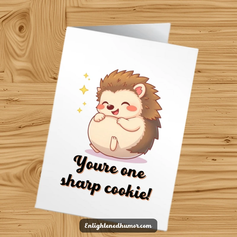 Funny Free Printable Congratulations Card: Giggling hedgehog character rolls into a happy, sparkling ball of celebration.