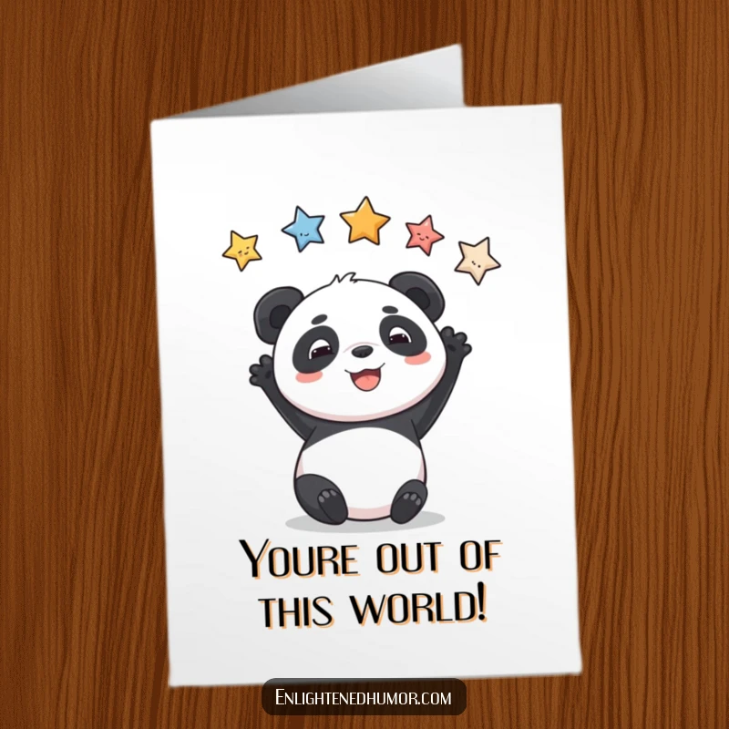 Funny Free Printable Congratulations Card featuring a grinning panda reaching for stars, a humorous and uplifting design.