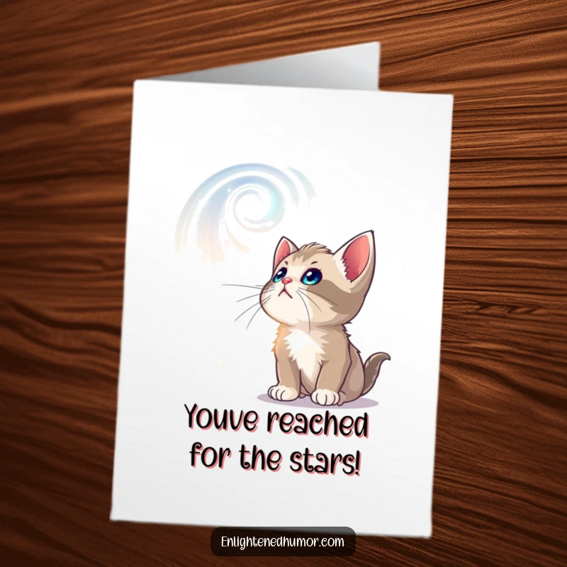 Funny Free Printable Congrats Card: Curious kitten mesmerized by luminous, swirling stars and galaxies.